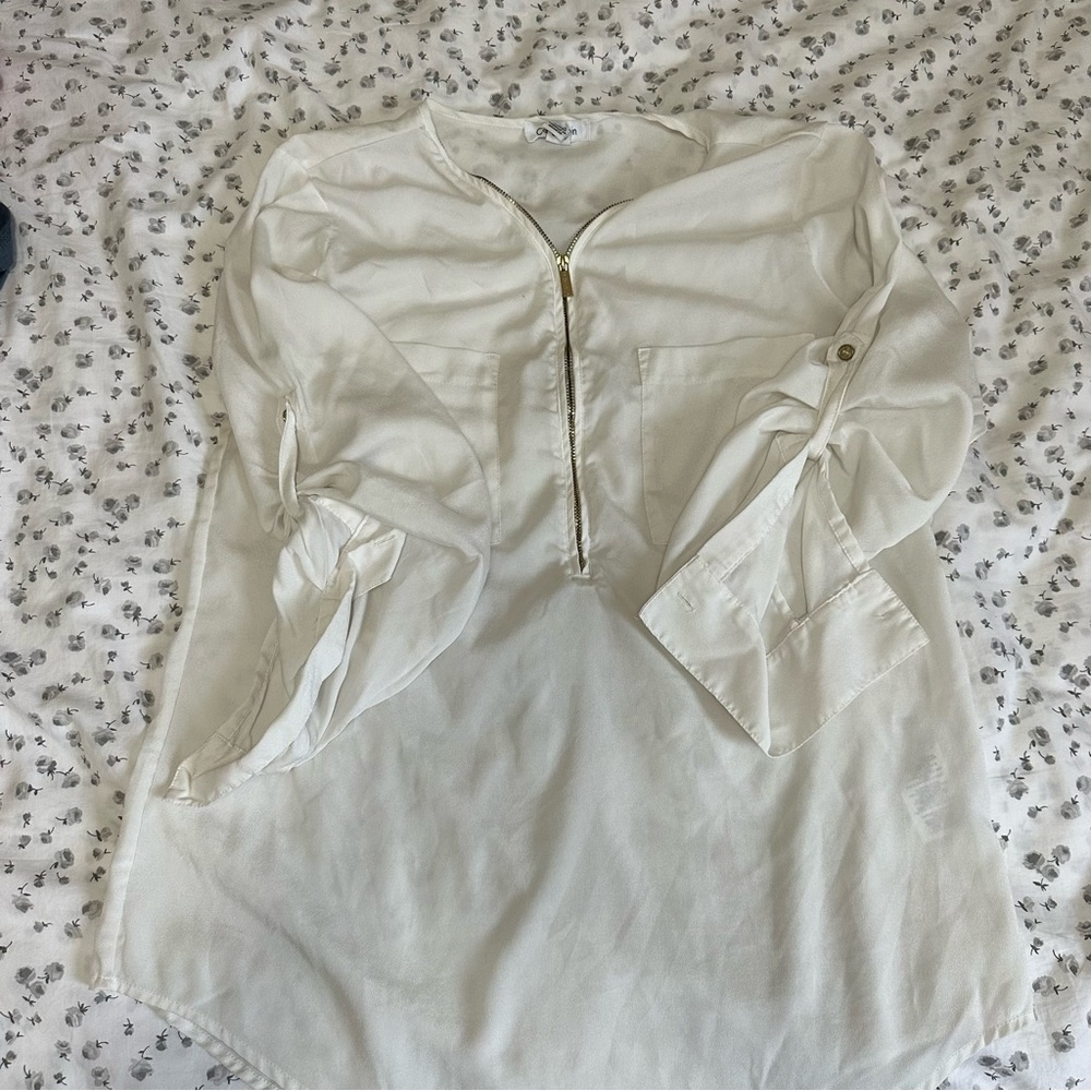 Calvin Klein Gold Half Zip Blouse w/ Cuffed Sleeves & Front Pockets Size Small